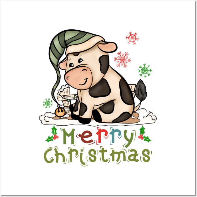 Kids Cow Christmas Cute Cow Merry Christmas Xmas Matching Wall Art by alcoshirts